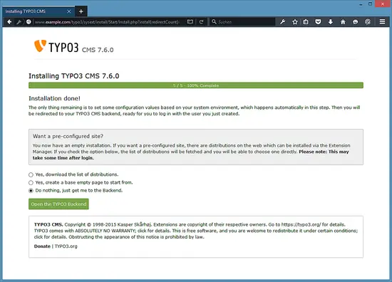 TYPO3 Installation - Finish the installation.