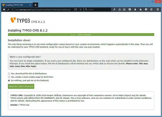 TYPO3 installation finished.