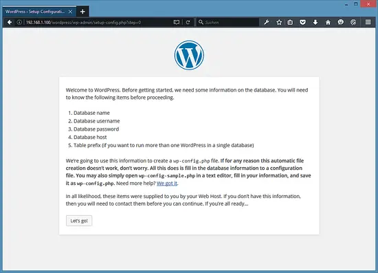 The WordPress welcome screen in your language shows up.