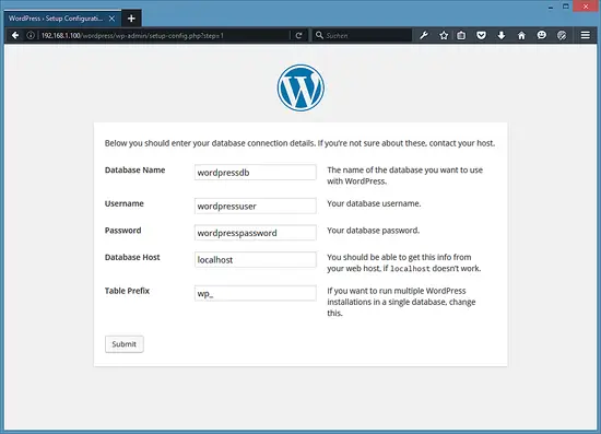 Enter the WordPress database details.