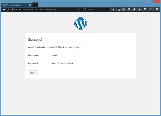 Wordpress installation finished.