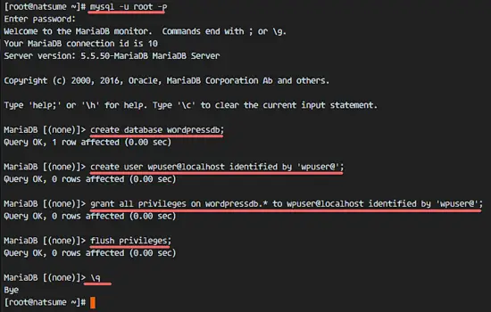 Create Database for Wordpress Installation on MariaDB