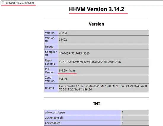 HHVM phpInfo.