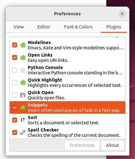 Gedit snippets plugin
