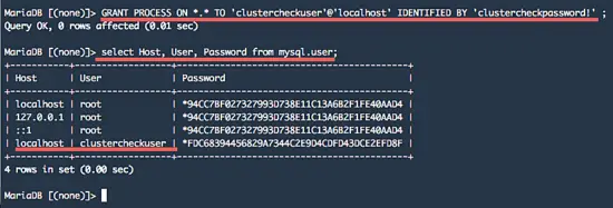 Add clustercheck user in MariaDB