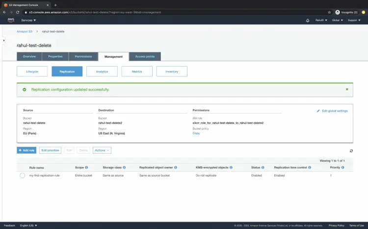 Successful replication rule creation