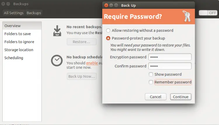 Set password for Backup