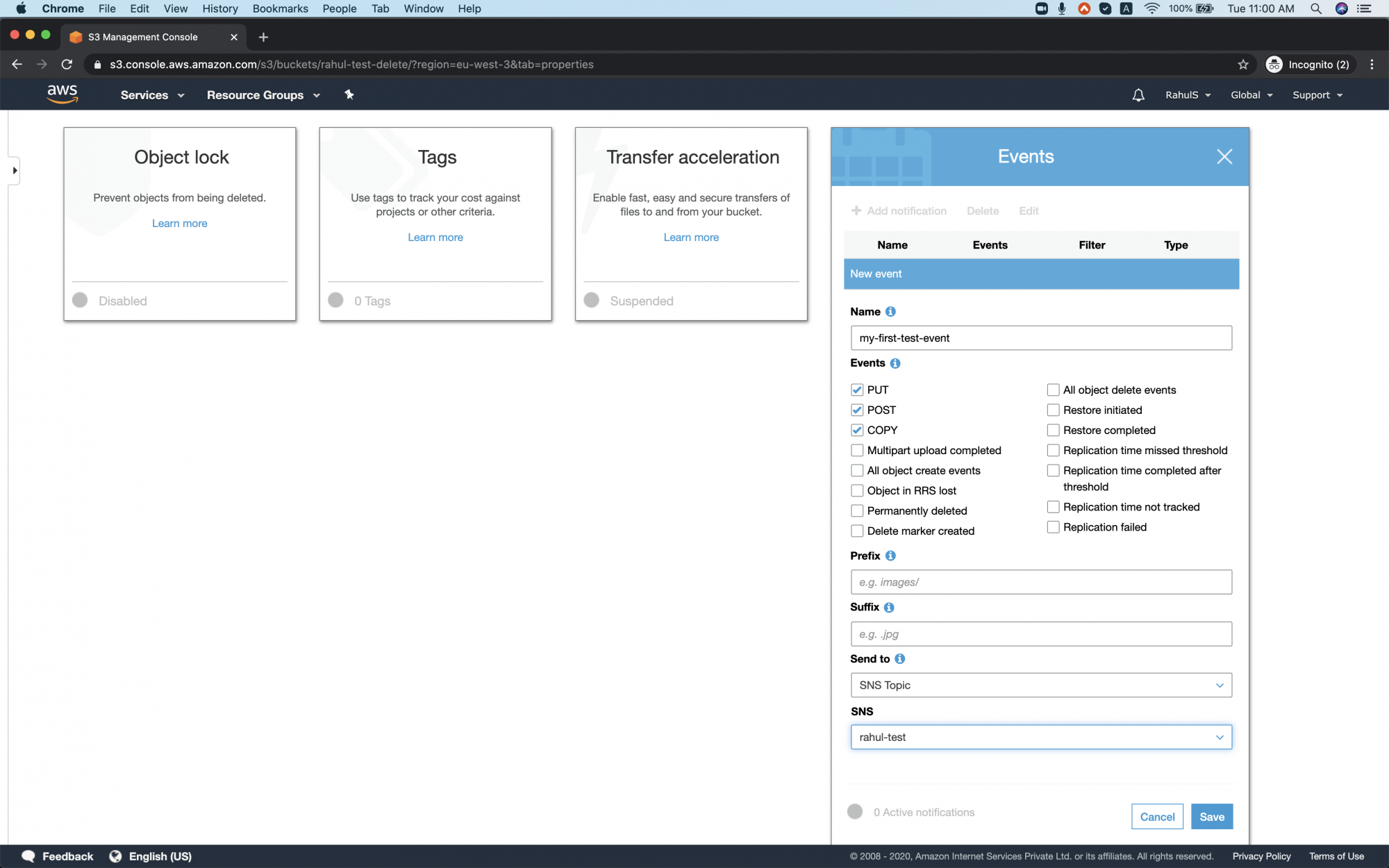 How to configure event notifications in S3 Bucket on AWS
