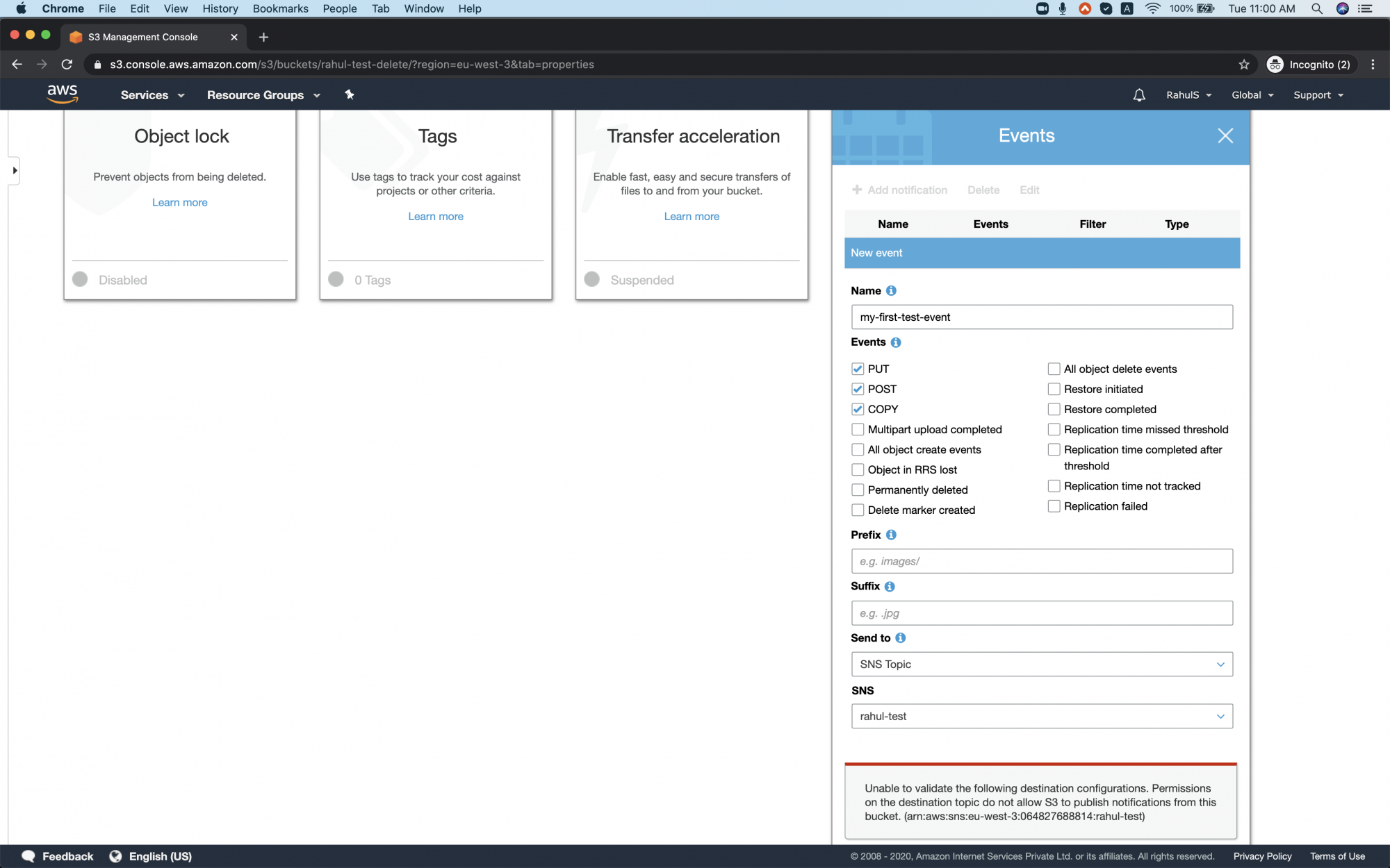 How to configure event notifications in S3 Bucket on AWS