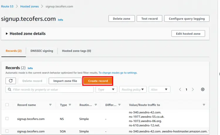 Creating record for the hosted zone