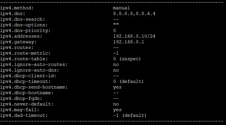 nmcli c s HomeStatic