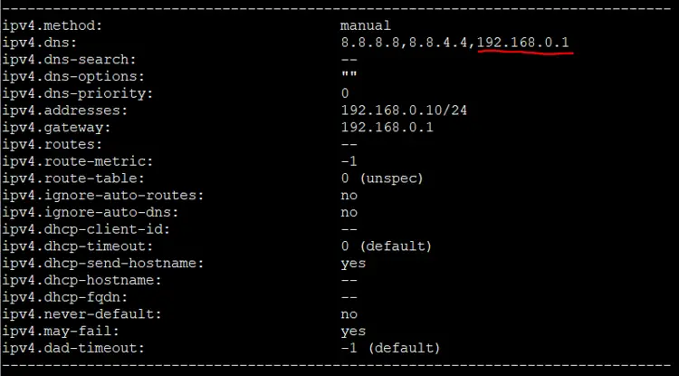 sudo nmcli c mod HomeStatic +ipv4.dns "192.168.0.1"