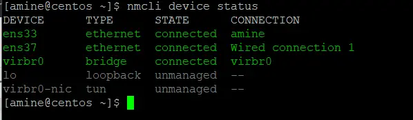 Use nmcli to show network device status