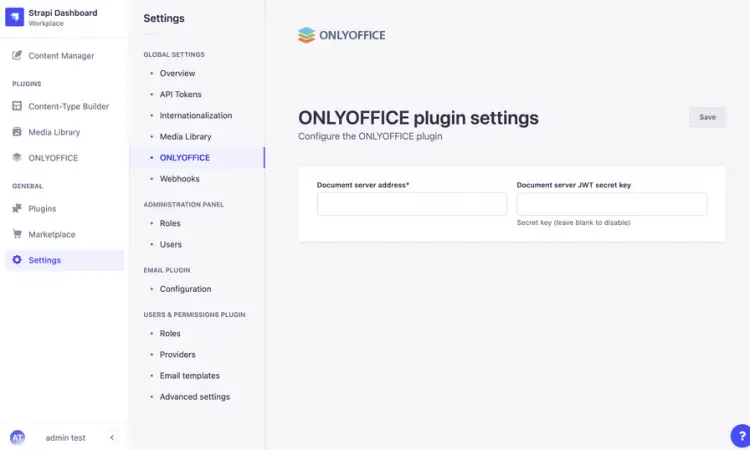 ONLYOFFICE Strapi Settings