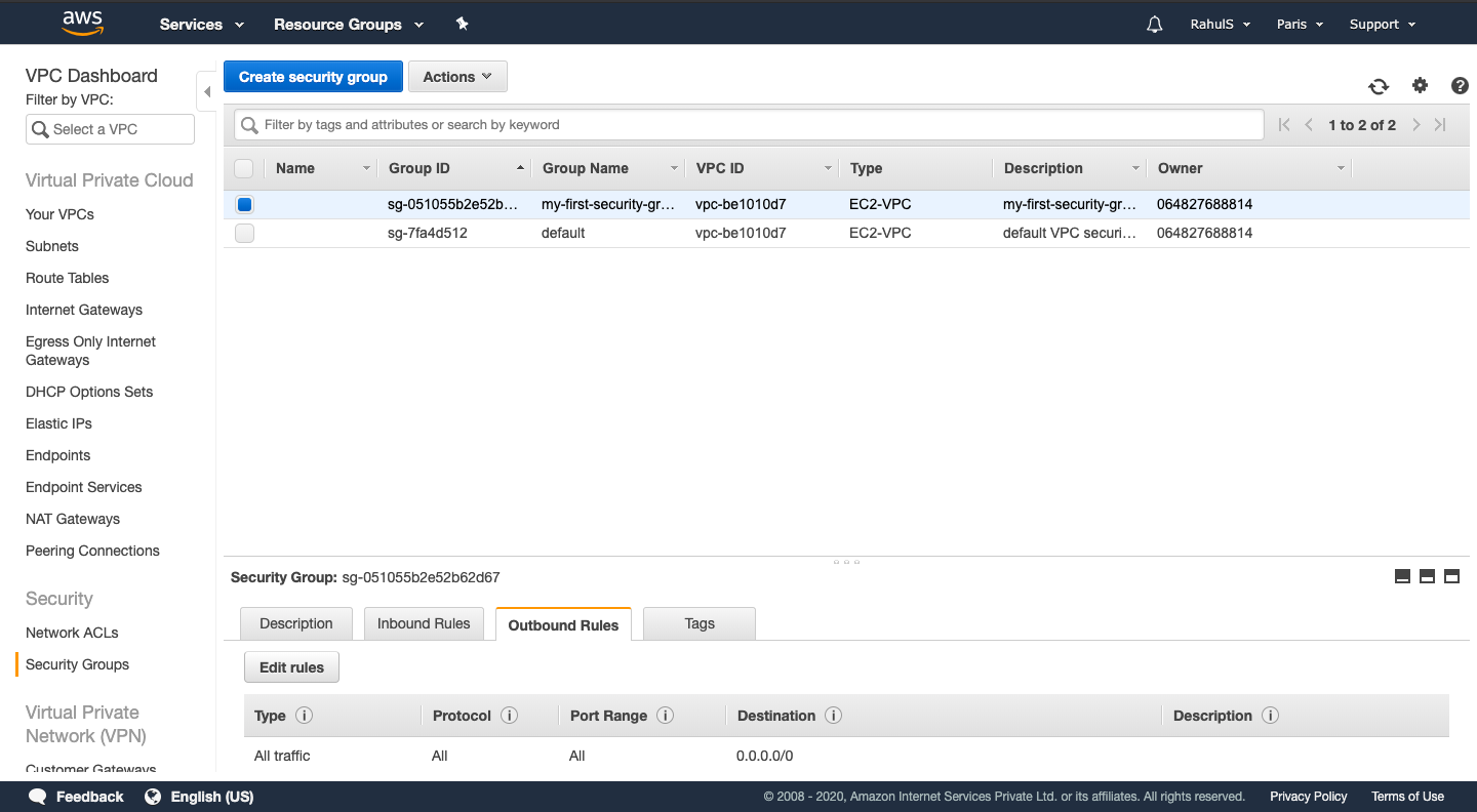 How to create a security group sg and network access control list