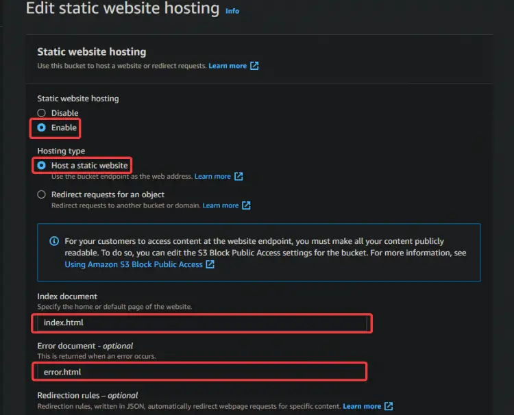 Enable Static Website Hosting