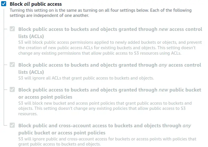 Public Access settings for the bucket