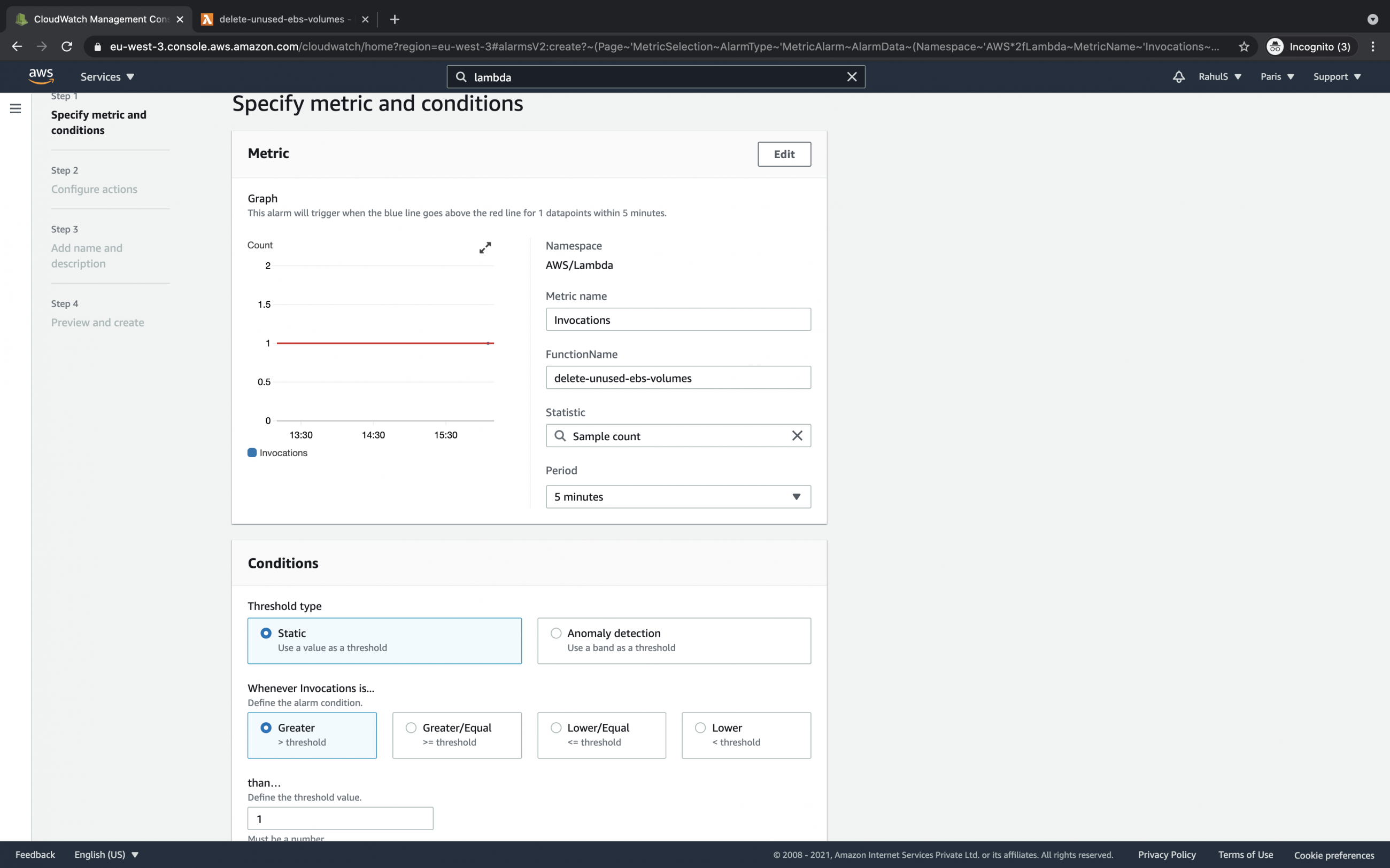 How to create Cloudwatch alarms for a Lambda Function on AWS