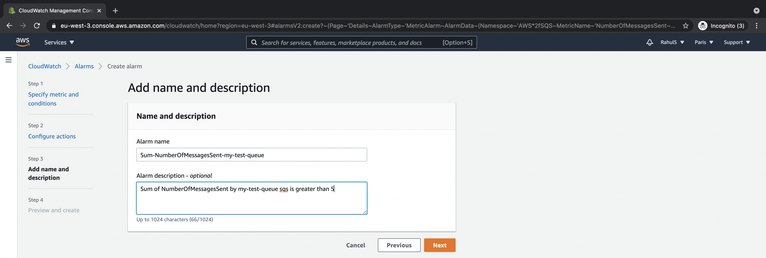 How to create Cloudwatch alarms for an SQS Queue on AWS