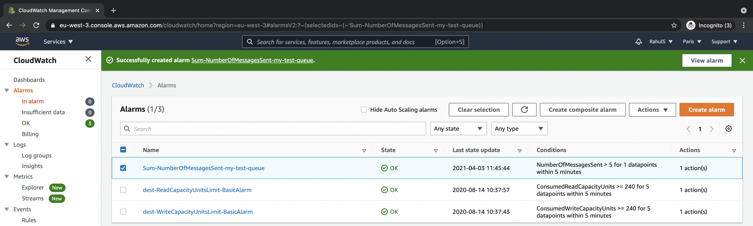 How to create Cloudwatch alarms for an SQS Queue on AWS