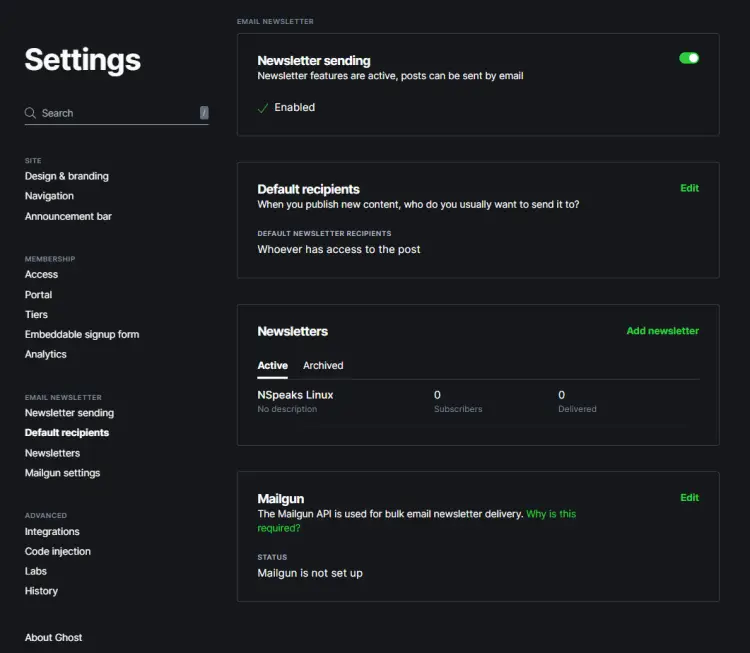 Ghost Email newsletter Settings