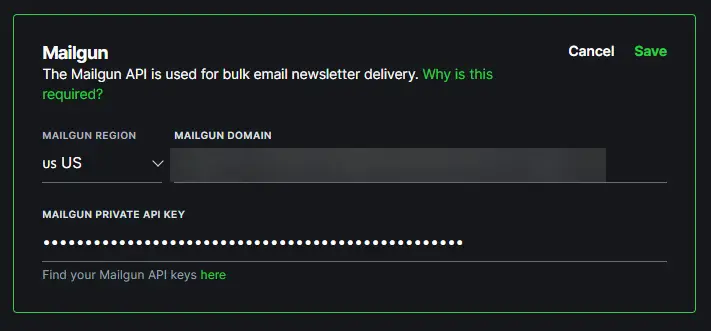 Ghost MailGun newsletter Settings