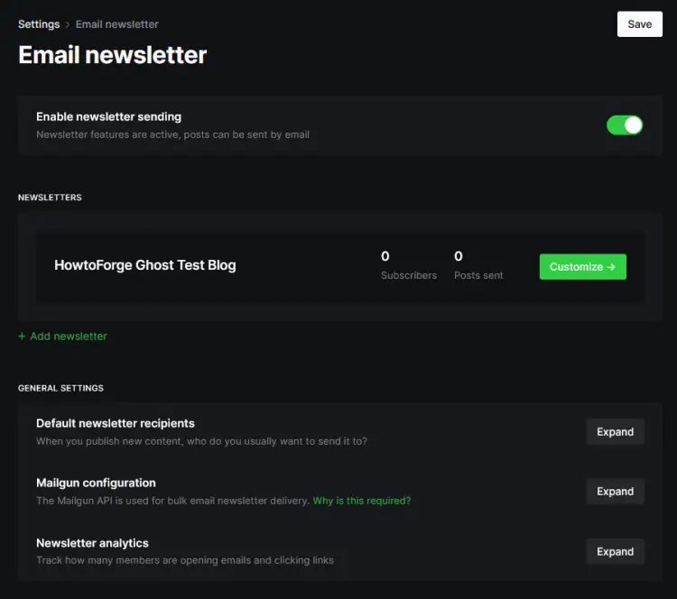 Ghost email newsletter settings