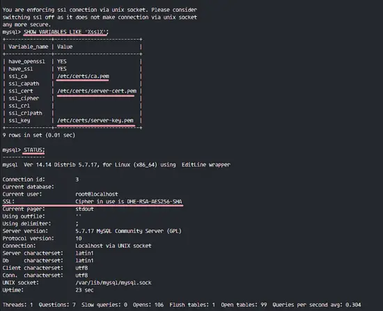 SSL is Enabled on MySQL and Root user connected with SSL