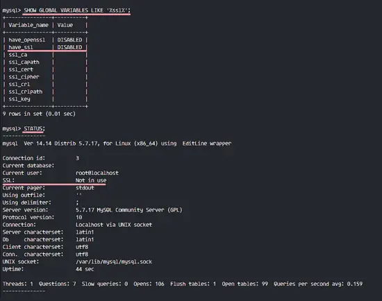 SSL on MySQL Disabled and Root User Connected without SSL