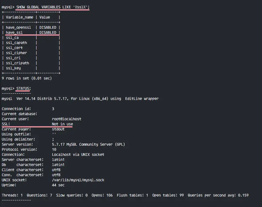Mysql status. SQL SSL сертификат. Unix Socket. MYSQL> show Global read_only;