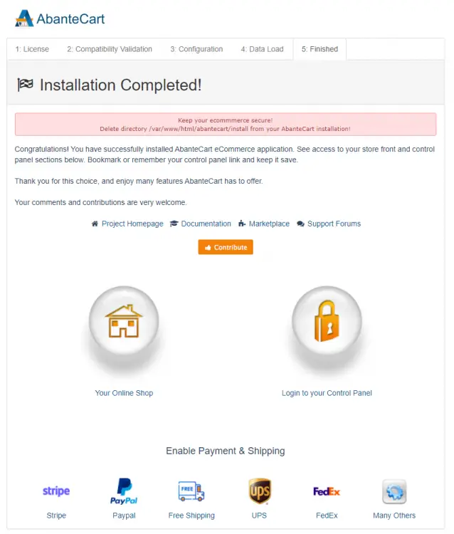 AbanteCart Installation Completion Screen