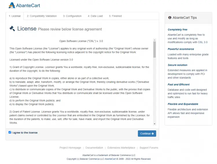 AbanteCart License Screen