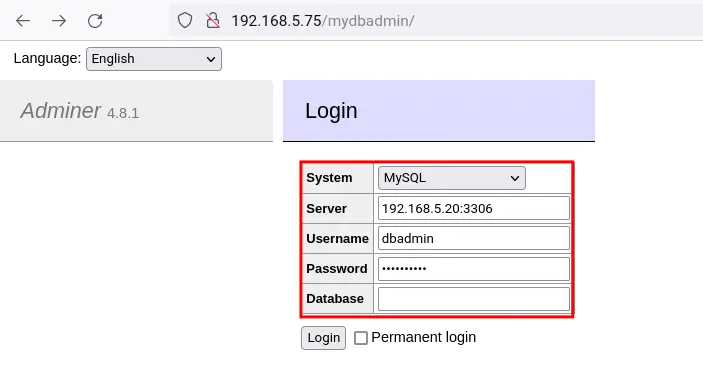 connect to mariadb with adminer
