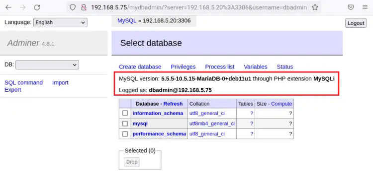 login to mariadb server with adminer