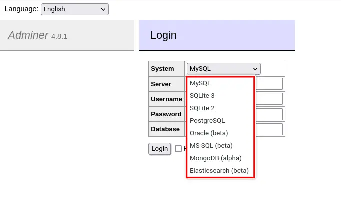 adminer supported databases