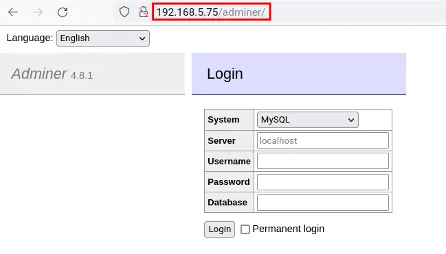 adminer login page