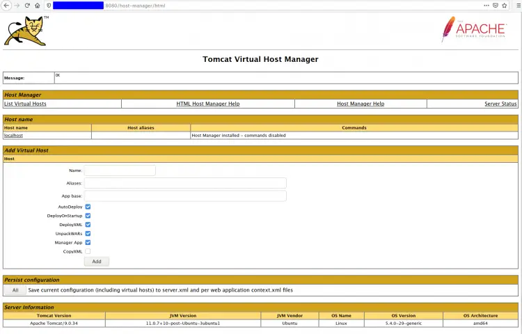 Apache Tomcat Host Manager Dashboard