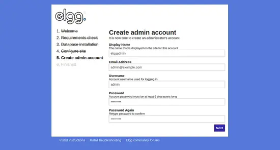 Create admin account in Elgg