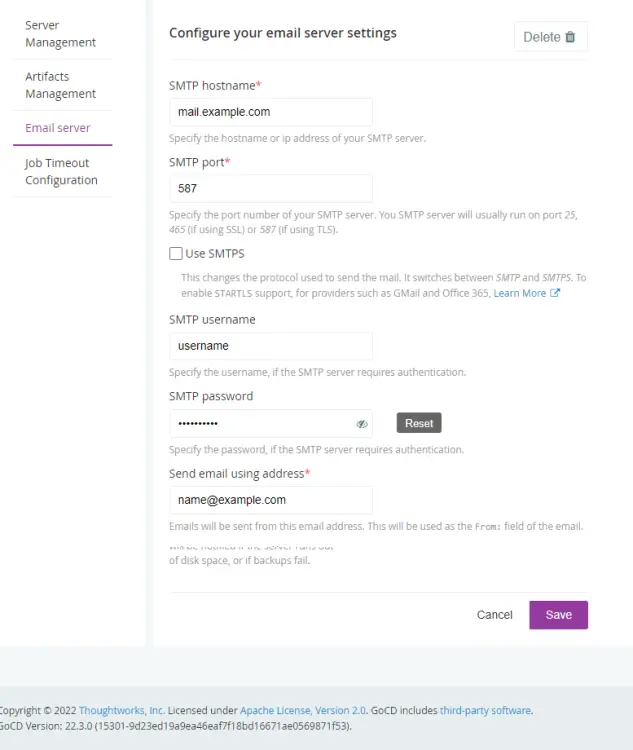 GoCD Email Server options