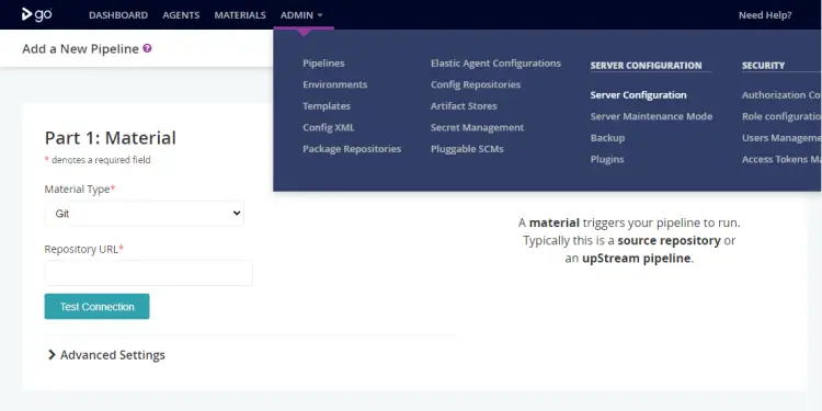 GoCD Server Configuration Menu