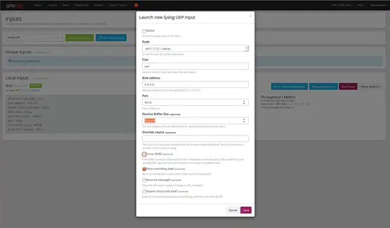 Add input source in Graylog