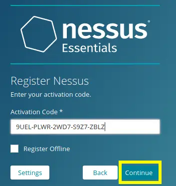 Registering with the Nessus Activation code