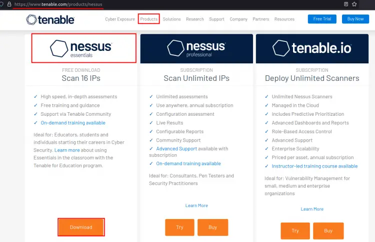 Nessus Products Page