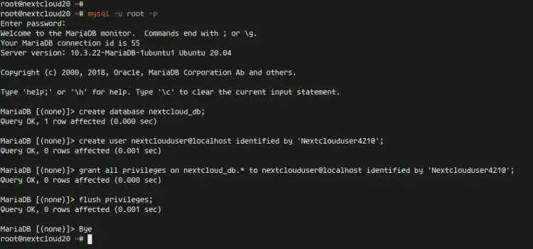 Create new database for Nextcloud