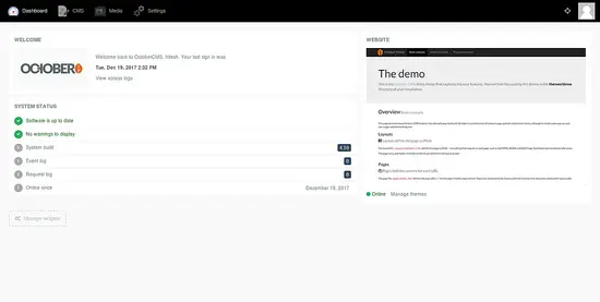 OctoberCMS dashboard