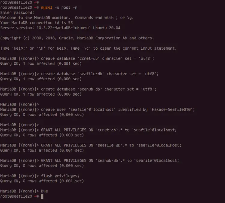 Create a new database and user for Seafile