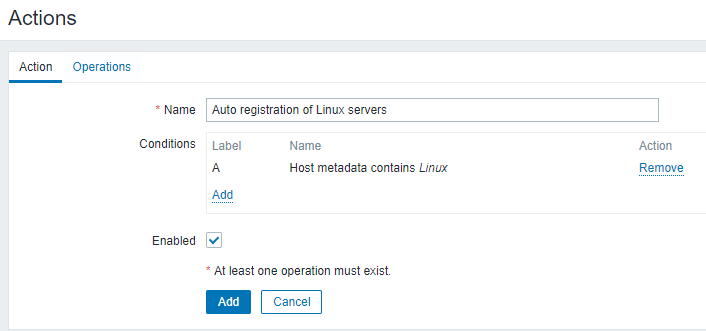 Zabbix Autoregistration New Action Page