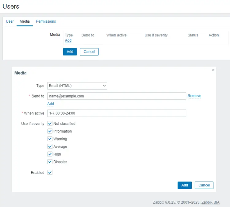 Zabbix User Media Tab