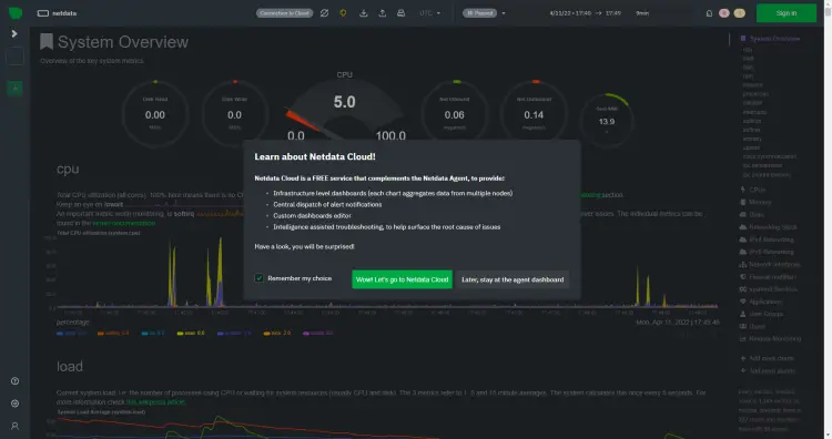 Netdata First Time Dashboard