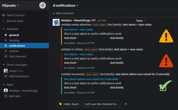 Netdata Slack Test Notifications